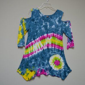 Cold-Shoulder Tie-dye Blouse/Dress (aqua/fuchsia/yellow/green)  Size M